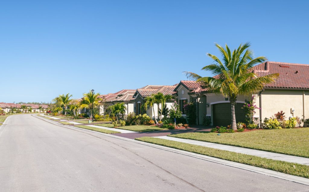 A quiet residential street of tile-roofed houses with palms along the verge