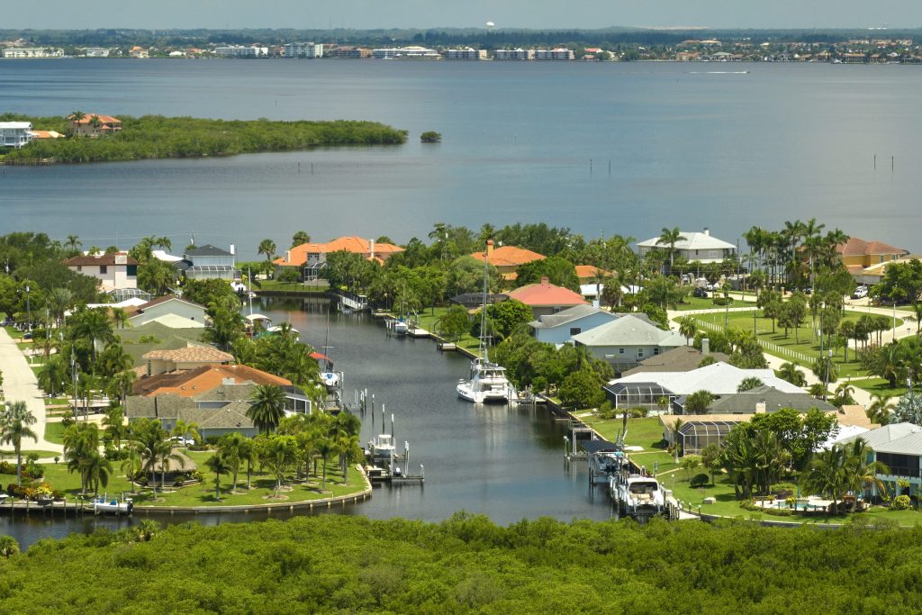 A waterfront suburb of houses with private docks, from the air