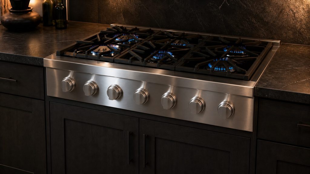 A professional stainless rangetop set into a dark stone counter with a cabinet beneath it rather than an oven: heavy cast-iron grates edge to edge, sealed brass burners lit low with blue flame, and a row of plain metal control knobs on the front face below the deck.